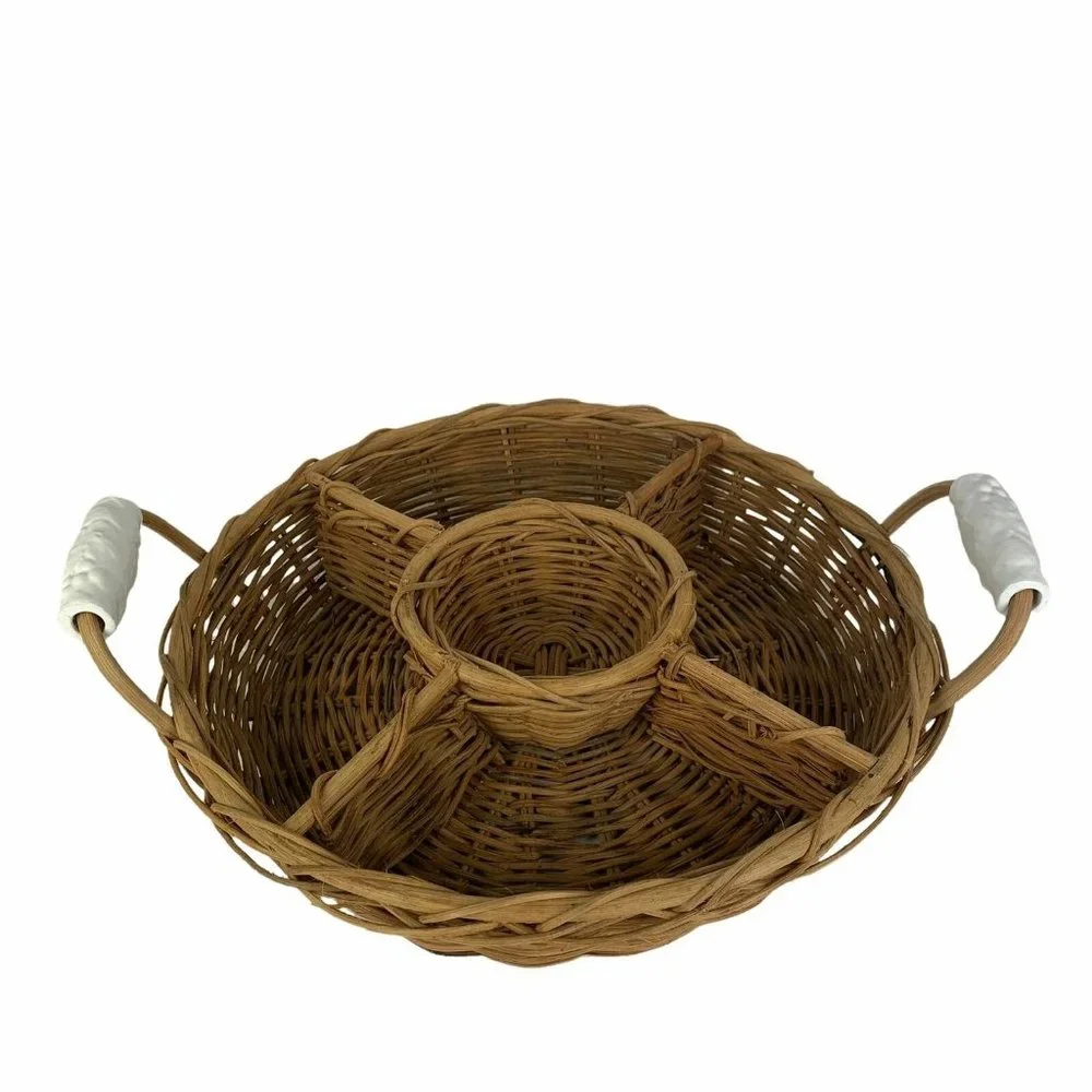 Large Round Sectioned Wicker Serving Basket Divided Ceramic Handles Organization